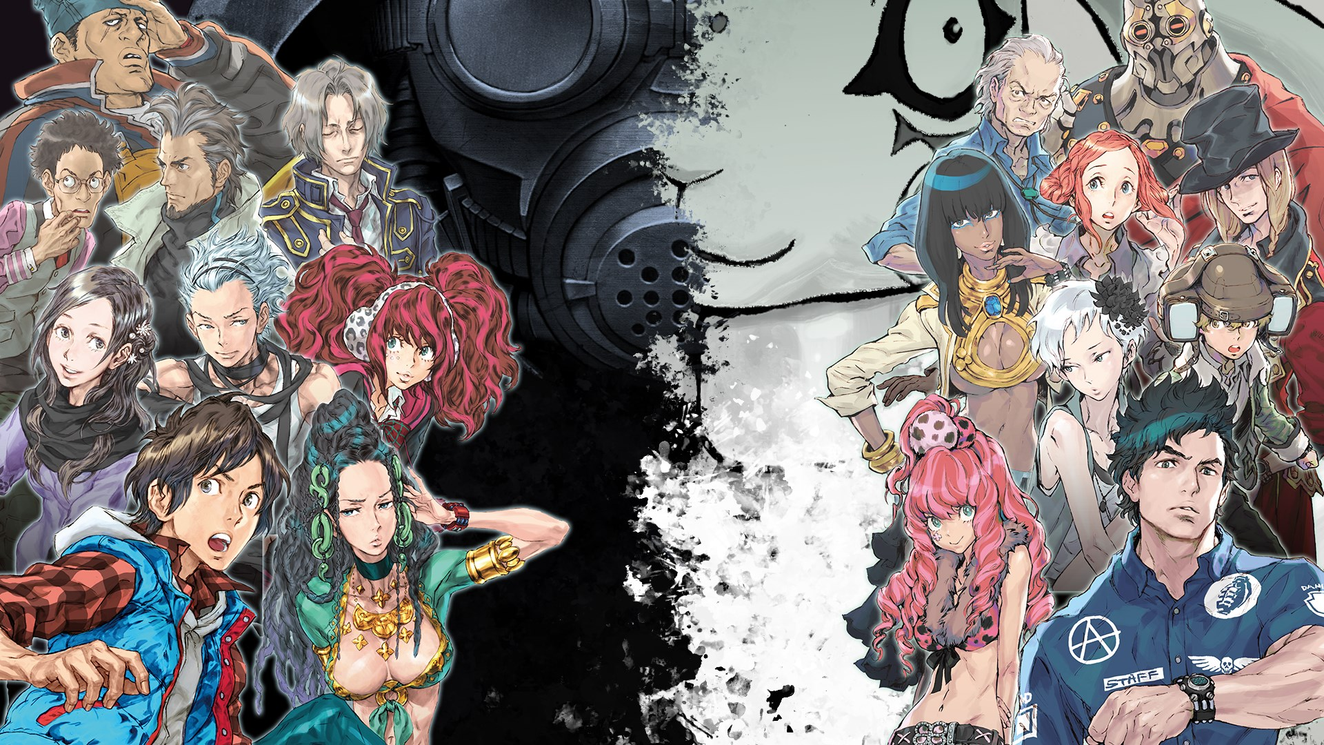 promotional art for the nonary games, featuring all the characters from the first two zero escape games on either side, with the background split in the middle between black and white and the faces of zero and zero III